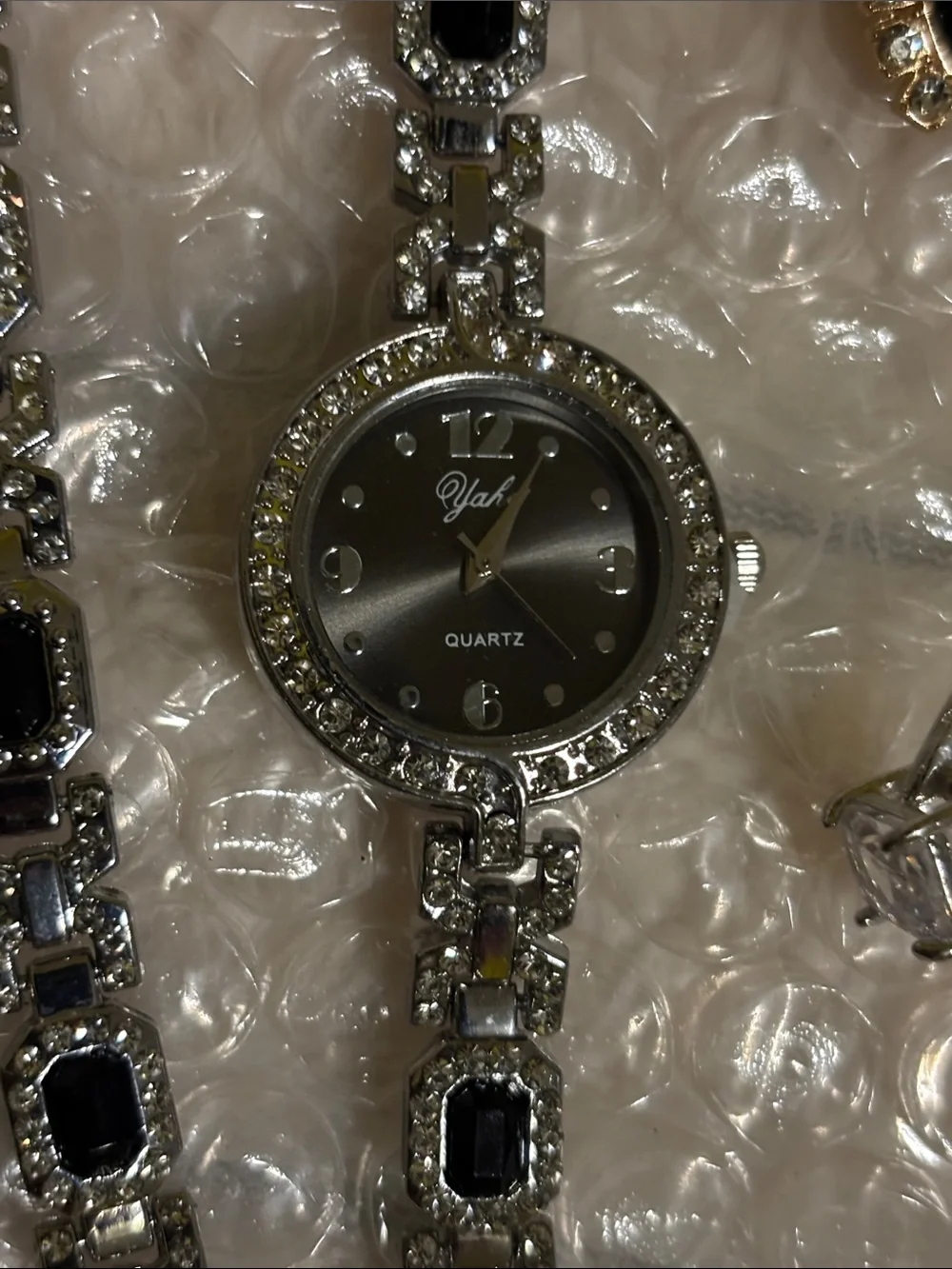 Silver-Tone Bracelet & Watch with Black Crystal Accents earrings & ring